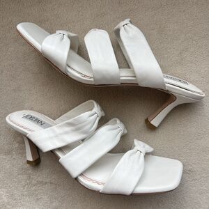 Deltan Charlotte White Leather Heeled Sandal Women 10 Triple Strap Slide Slip On